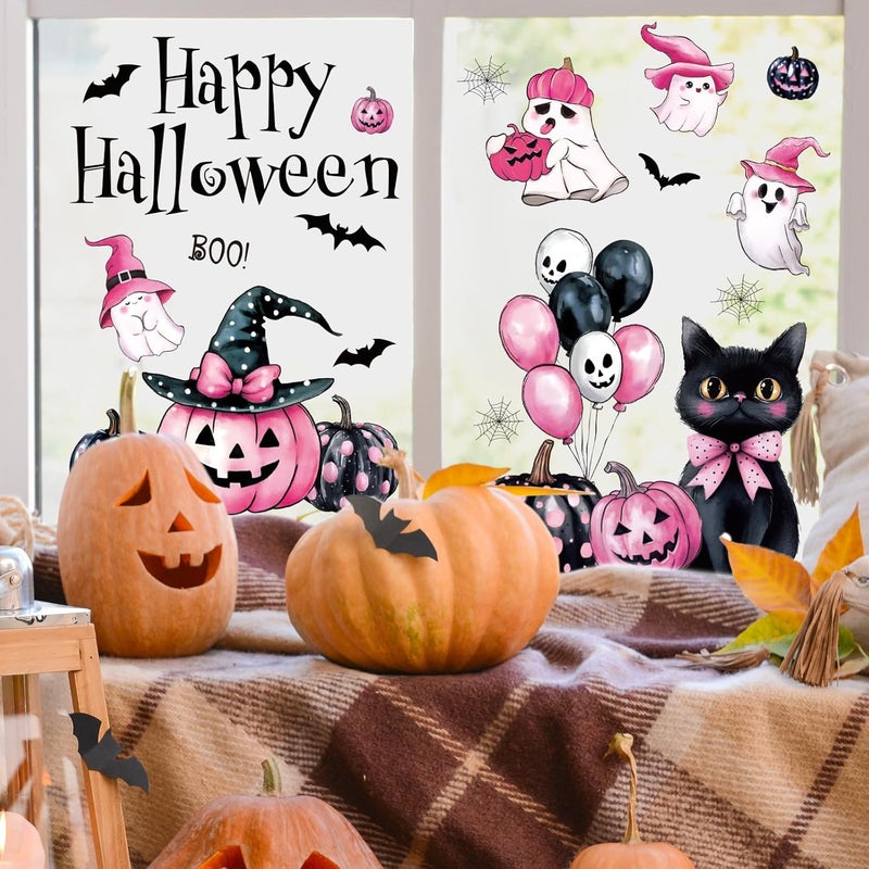 Whaline 6 Sheets Happy Halloween Window Clings Pink-Black Boo Ghost Pumpkin Spider Web Cat Reusable Window Decals for Home Classroom Office Glass Decor Party Supplies - Image 2